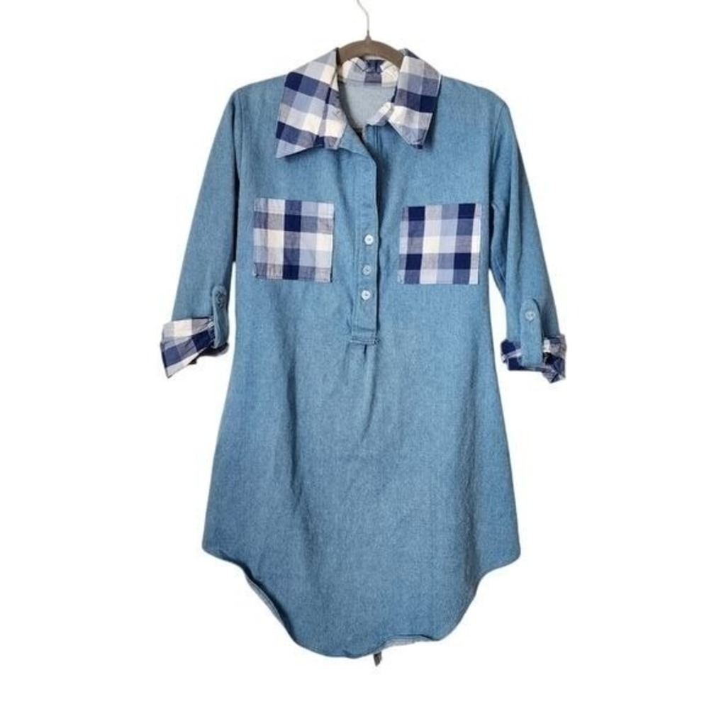 VINTAGE x HANDMADE denim chambray plaid trim dress Workwear Chic Cottagecore